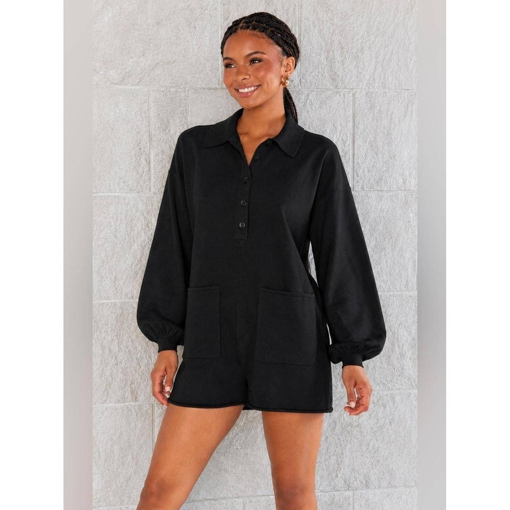 Show Me Your Mumu Gianni Romper Womens XXL Black Knit Button Front Long Sleeve